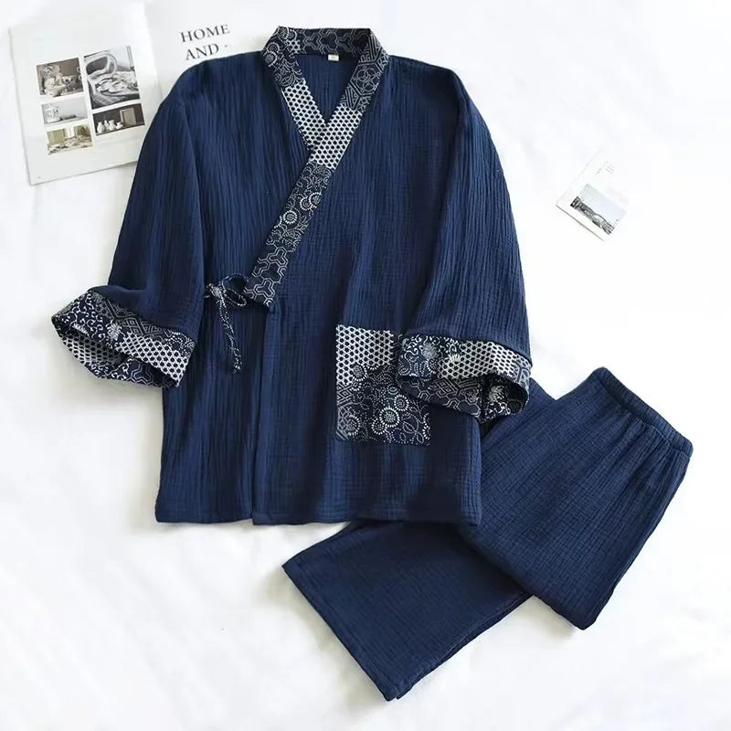 2025 Women S Kimono Pajama Set 100 Cotton Crepe Long Sleeve Top Trousers Soft Sleepwear Suit For Home