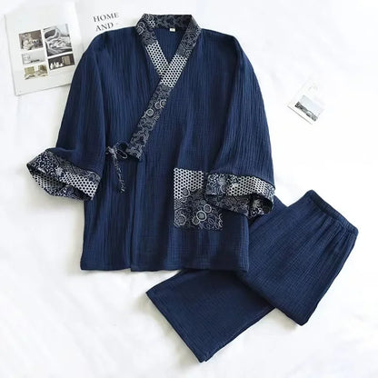 2025 Women S Kimono Pajama Set 100 Cotton Crepe Long Sleeve Top Trousers Soft Sleepwear Suit For Home