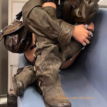Womens Large Mid Length Retro Boots Buckle Casual Knight Boots For Autumn Winter 2025