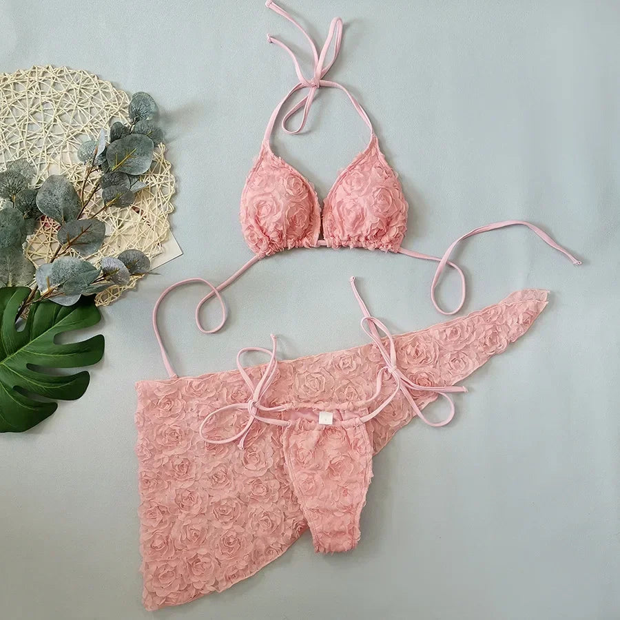 Romantic Pink 3D Floral Rosette Bikini and Sarong Set Aesthetic
