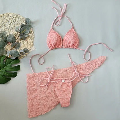 Romantic Pink 3D Floral Rosette Bikini and Sarong Set Aesthetic
