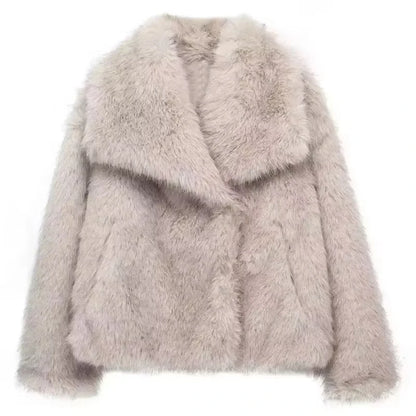 Elegant Womens Faux Fur Jacket Turn Down Collar Loose Fit Casual Long Sleeve Winter Coat For Warmth