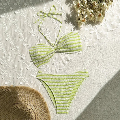 2025 Striped Ruffle Bikini Set High Waist Two Piece Swimwear For Women Bandeau Bathing Suit