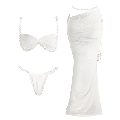 2025 Shell Bra Push Up Bikini Set For Women Sexy Pearl Strap Swimsuit Beach Skirt