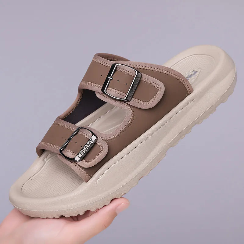 2025 Women S Outdoor Beach Sandals Double Layer Leather Graffiti Print Non Slip Slippers