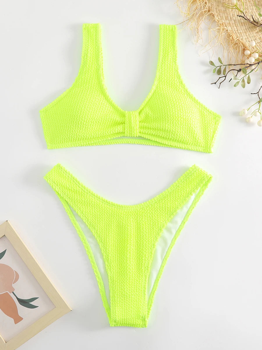 Green Textured Ribbed Bow Detail Bikini Aesthetic