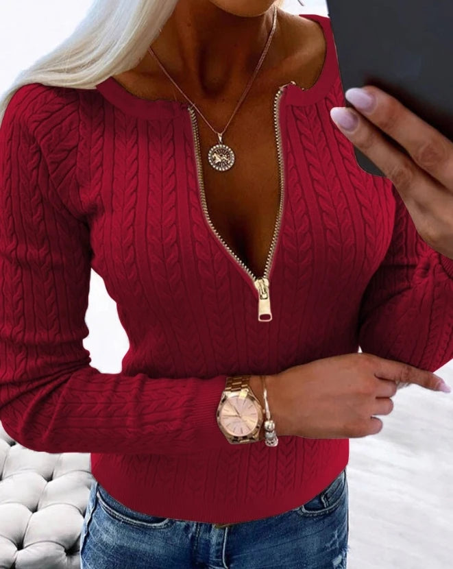 Womens Zipper Large Neck Knitted Sweater