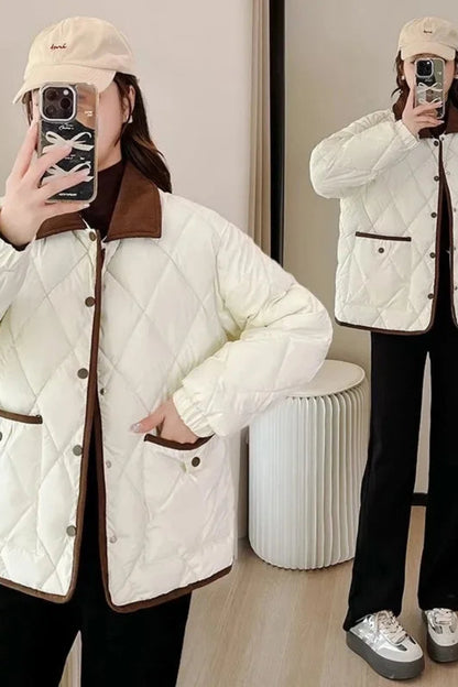 Quilted PU Leather Short Coat – Warm Rhombic Lattice Winter Jacket for Women