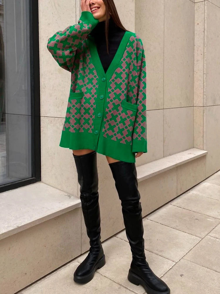 Geometric Jacquard V-Neck Knit Cardigan – Oversized 2025 Autumn/Winter