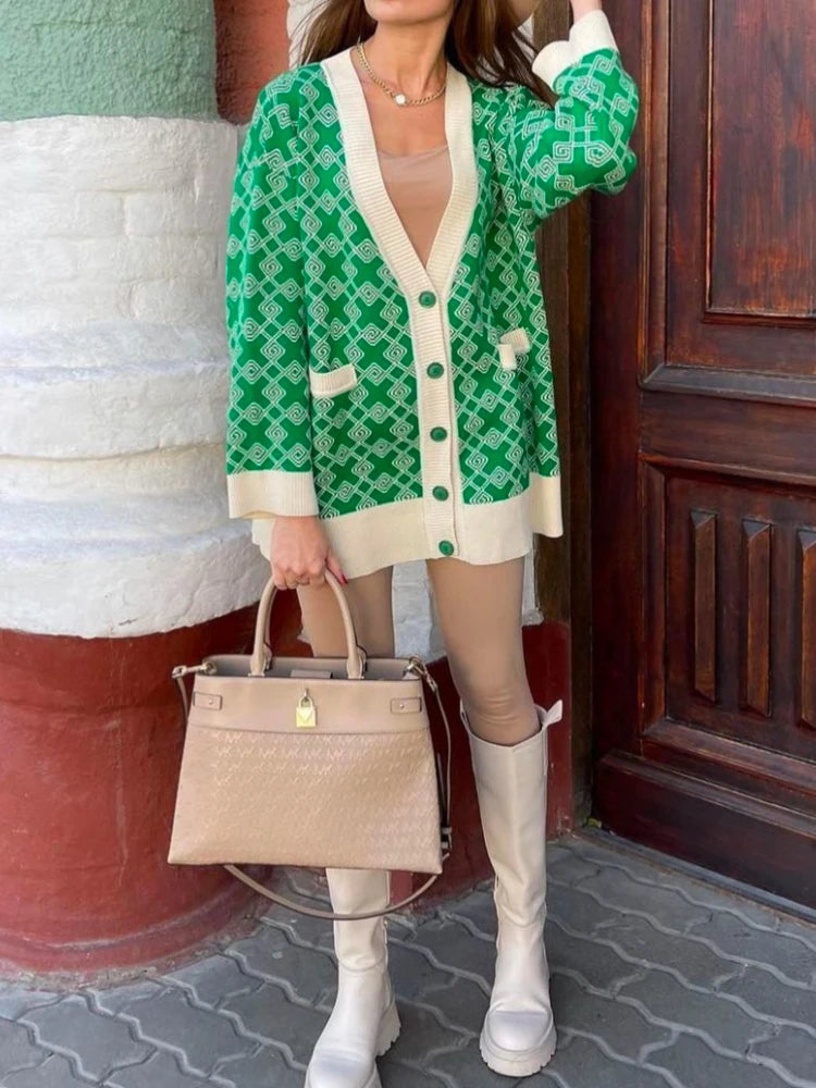 Geometric Jacquard V-Neck Knit Cardigan – Oversized 2025 Autumn/Winter