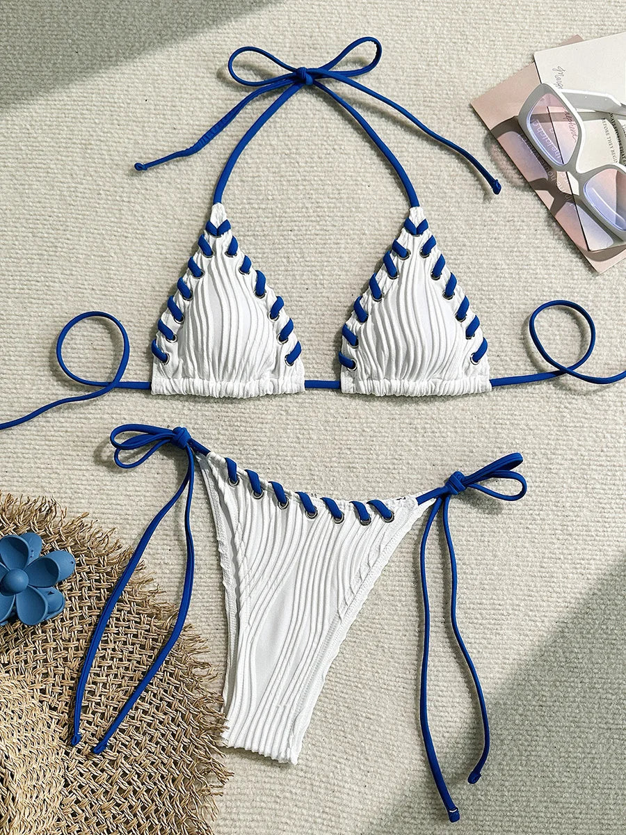 Wrinkled Weave Edge Two Piece Halter Bikini