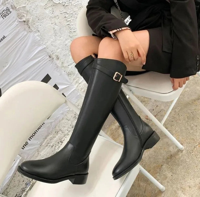 Winter Knee High Brown Boots Square Heel Zip Belt Buckle Gothic Style For Women