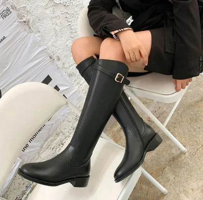 Winter Knee High Brown Boots Square Heel Zip Belt Buckle Gothic Style For Women