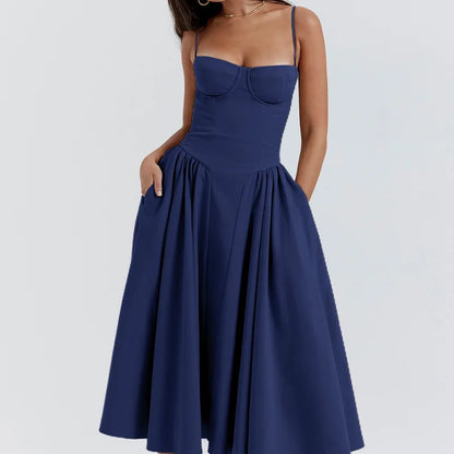 Old Money Aesthetic - Elegant Neutral Corset Midi Dress