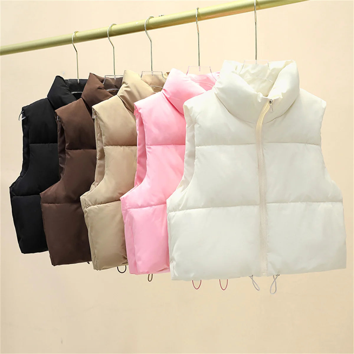 Fall Winter Womens Fashion Cropped Vest Coat Black Stand Collar Zipper Waistcoat Stylish Casual Outerwear For Ladies