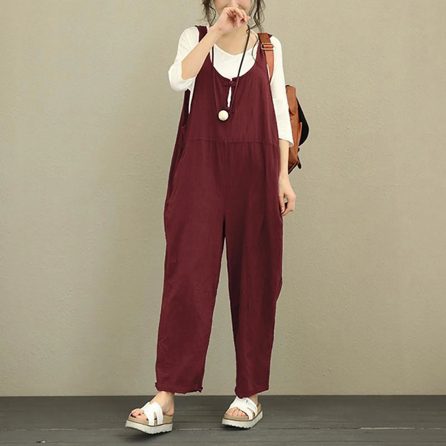 Boho Comfort: Wide-Leg Suspender Cotton Jumpsuit