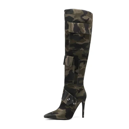 Designer Camouflage Themed Knee Length High Heel Boots