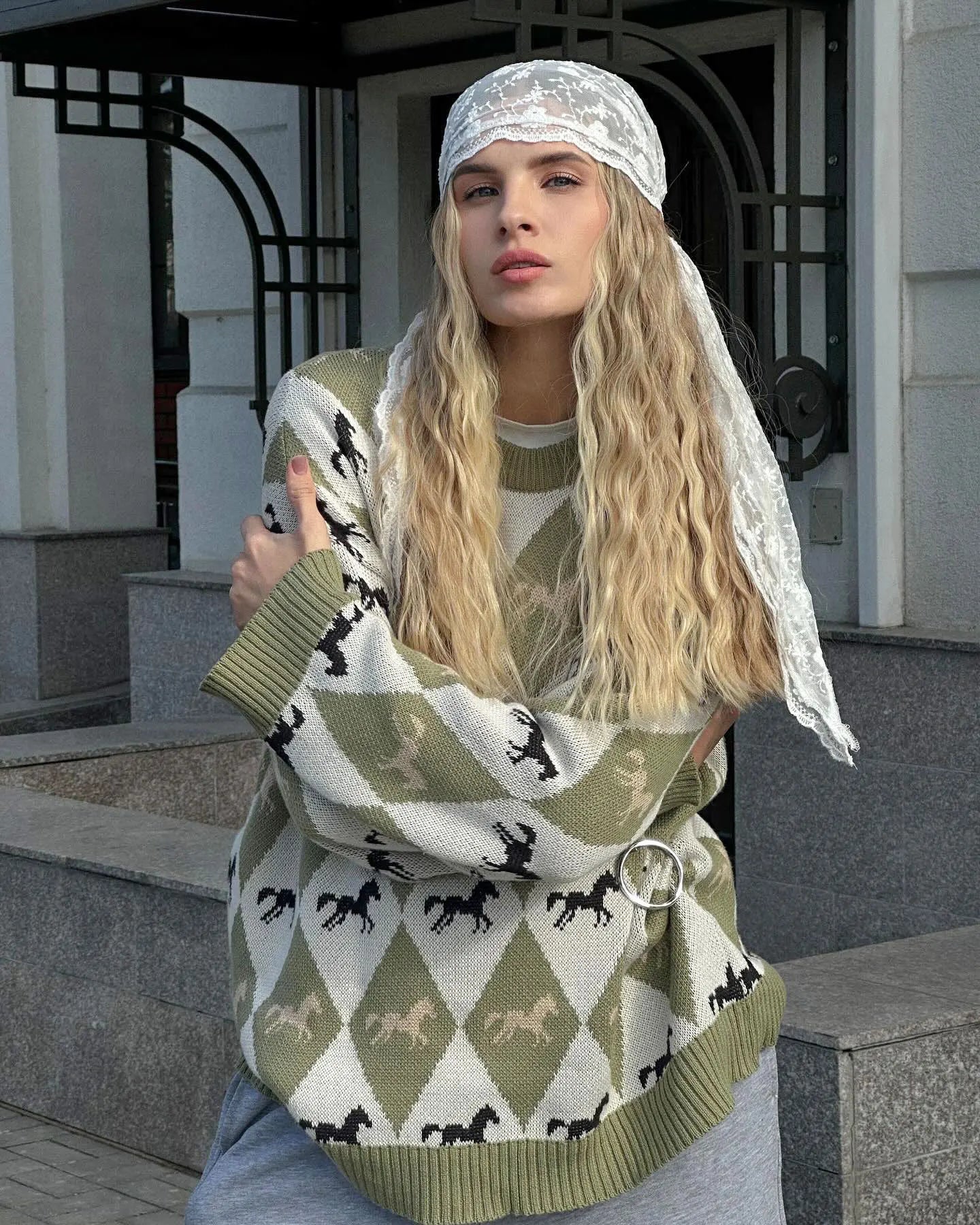 Colorful Patchwork O Neck Long Sleeve Women Sweater