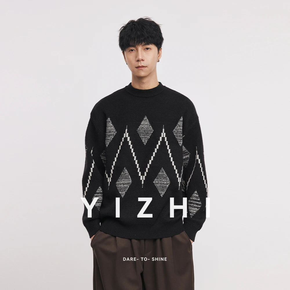 Minimalist Streetwear: Men's Oversized Argyle Geometric Knit Sweater