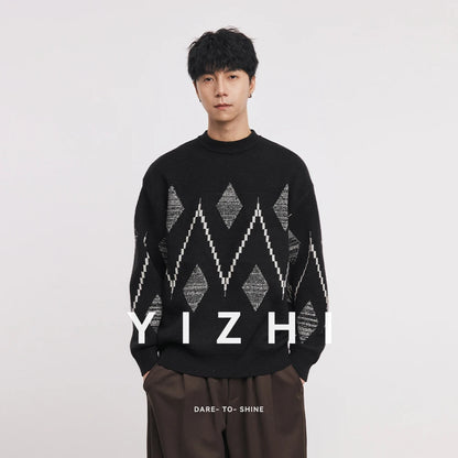 Minimalist Streetwear: Men's Oversized Argyle Geometric Knit Sweater