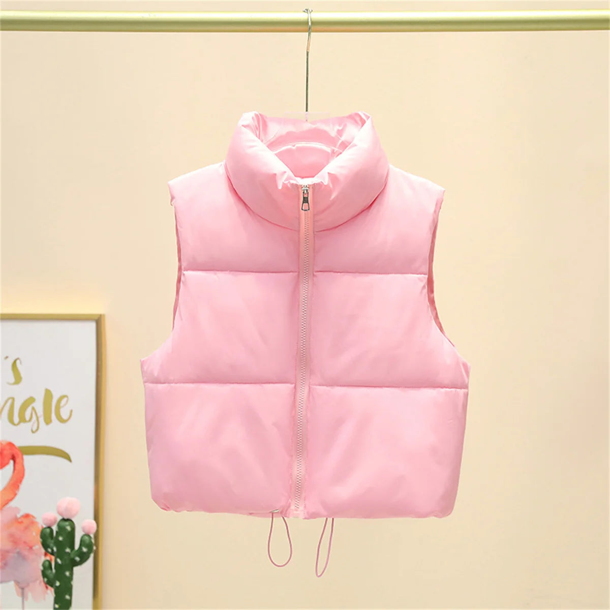 Fall Winter Womens Fashion Cropped Vest Coat Black Stand Collar Zipper Waistcoat Stylish Casual Outerwear For Ladies
