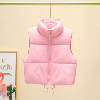Fall Winter Womens Fashion Cropped Vest Coat Black Stand Collar Zipper Waistcoat Stylish Casual Outerwear For Ladies