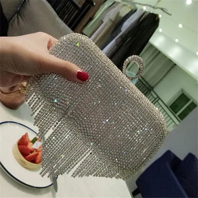 Rhinestone Tassel Clutch Beaded Metal Evening Bag With Chain Shoulder Messenger Purse For Weddings