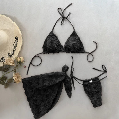 Romantic Pink 3D Floral Rosette Bikini and Sarong Set Aesthetic