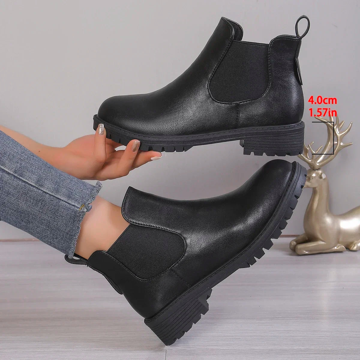 Women Cow Leather Round Toe Thick Sole Ankle Chelsea Boots