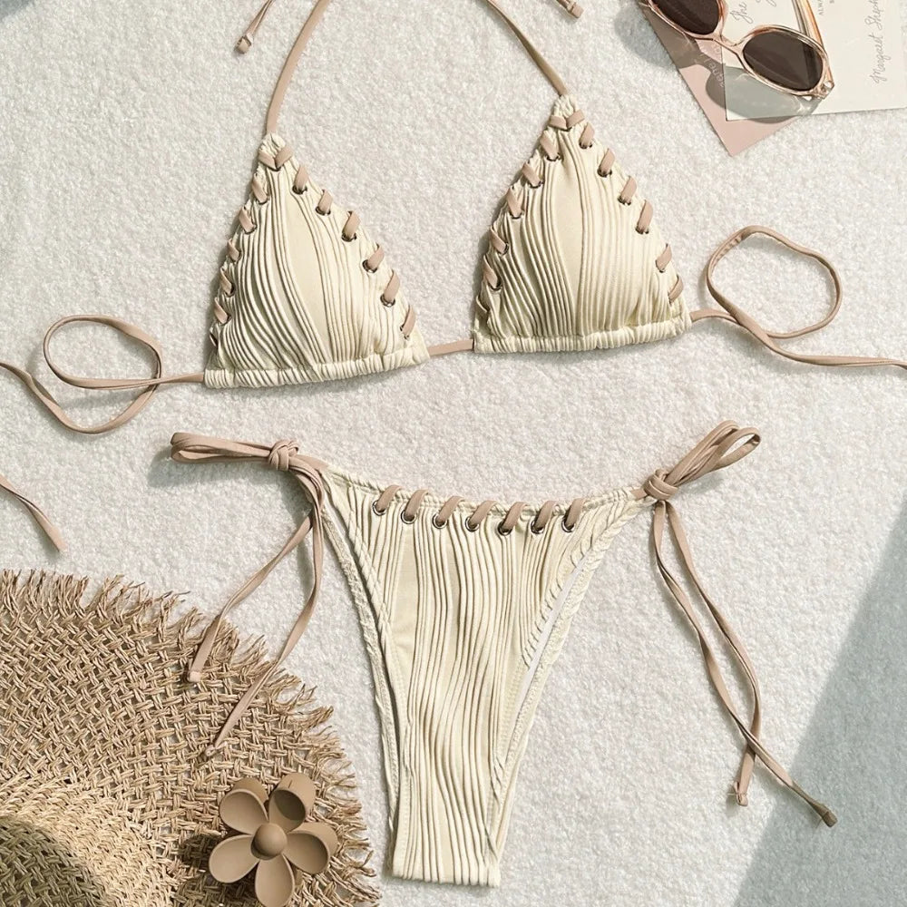 Minimalist Cream Lace-Up Plisse Bikini Aesthetic