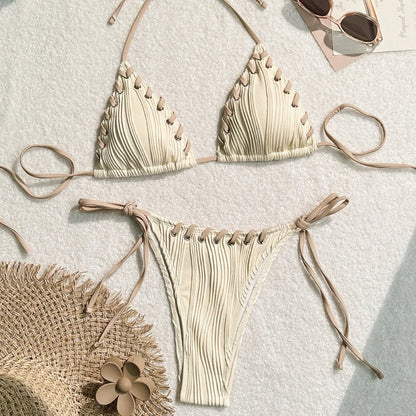 Minimalist Cream Lace-Up Plisse Bikini Aesthetic