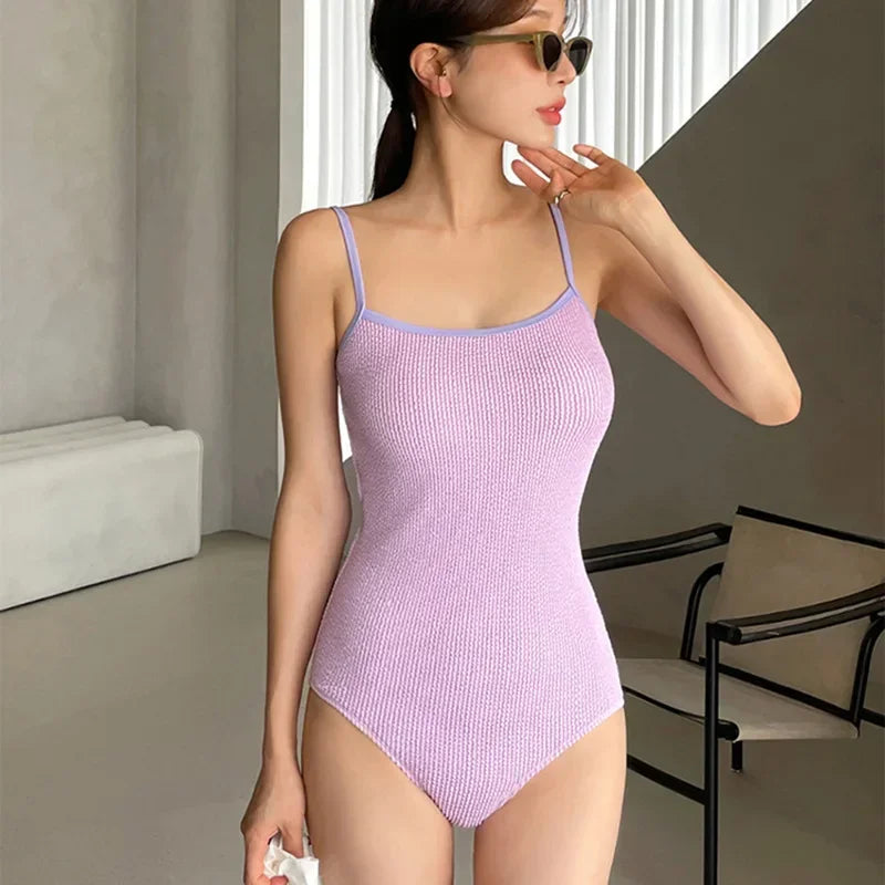 Lavender Textured Ribbed One-Piece Swimsuit Aesthetic