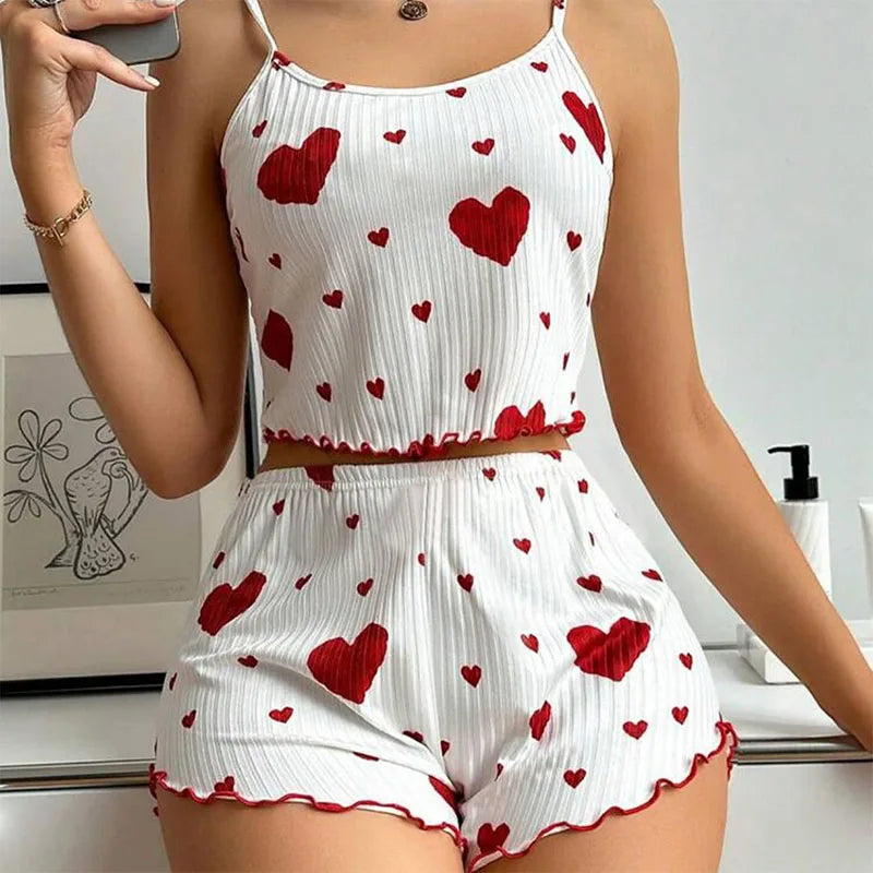 Womens Strawberry Print Pajama Set Long Sleeve Top Shorts