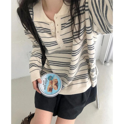 Blue White Striped Oversized Sweater Embroidered Mock Neck Cropped Jumper Harajuku Women S Pullover