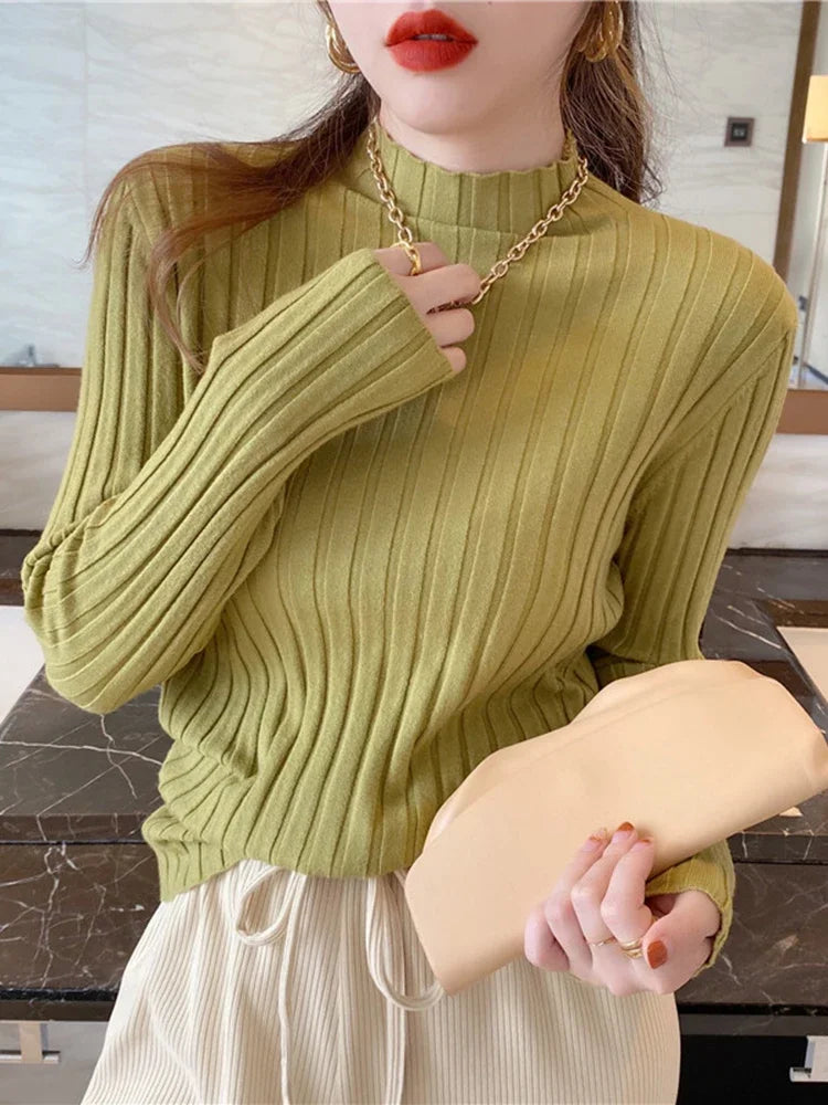 2025 High Neck Ribbed Knitted Sweater Women S Autumn Winter Slim Fit Long Sleeve Pullover Basic Casual Tops