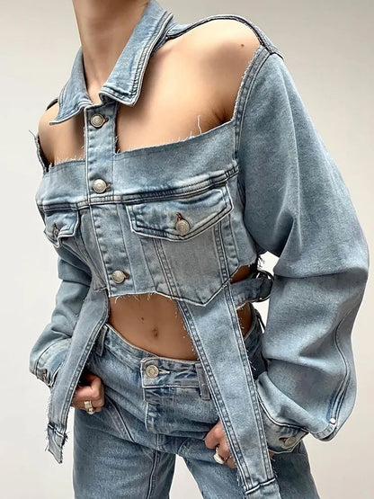 Open Shoulder Irregular Style Crop Denim Coat For Women