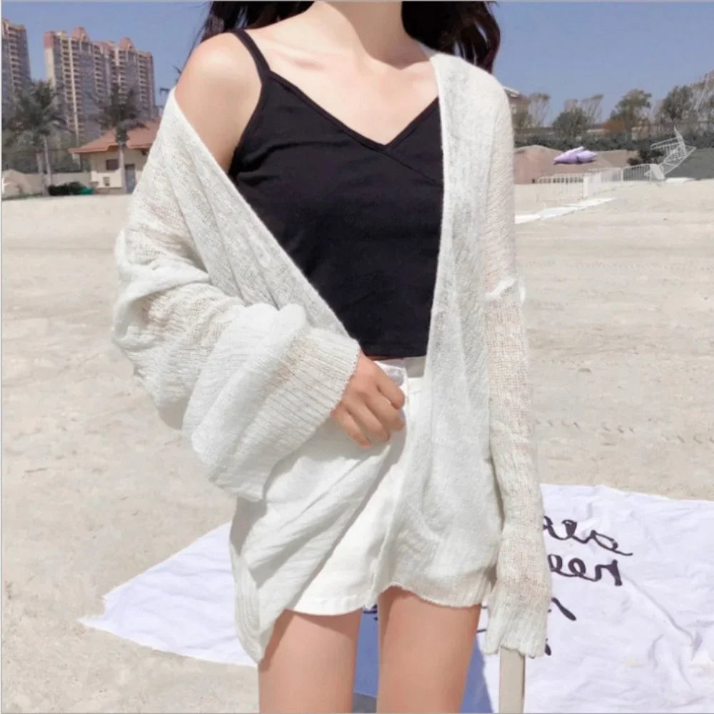 Korean Cropped Knit Cardigan – Hollow Summer Sweater for Women