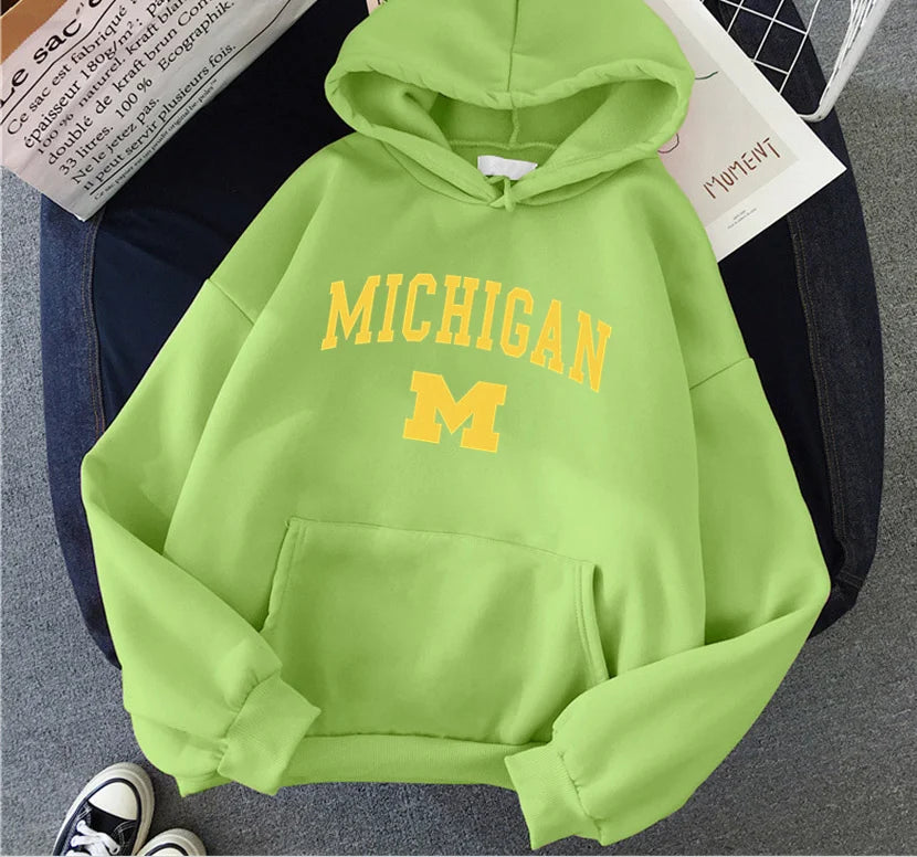 Michigan University Hoodie Hip Hop Fleece Streetwear Unisex Pullover