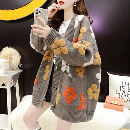 Vintage Long Sleeve Printed Cardigan V Neck Button Up Floral Sweater With Pockets Spring Autumn Casual Women S Clothing
