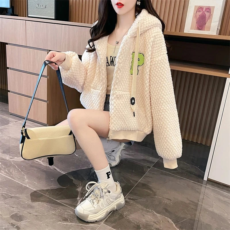 Embroidered Sheep Hooded Sweatshirt Autumn Winter Imitation Lamb Wool Plush Hoodie For Women