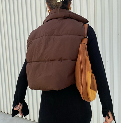 Fall Winter Womens Fashion Cropped Vest Coat Black Stand Collar Zipper Waistcoat Stylish Casual Outerwear For Ladies