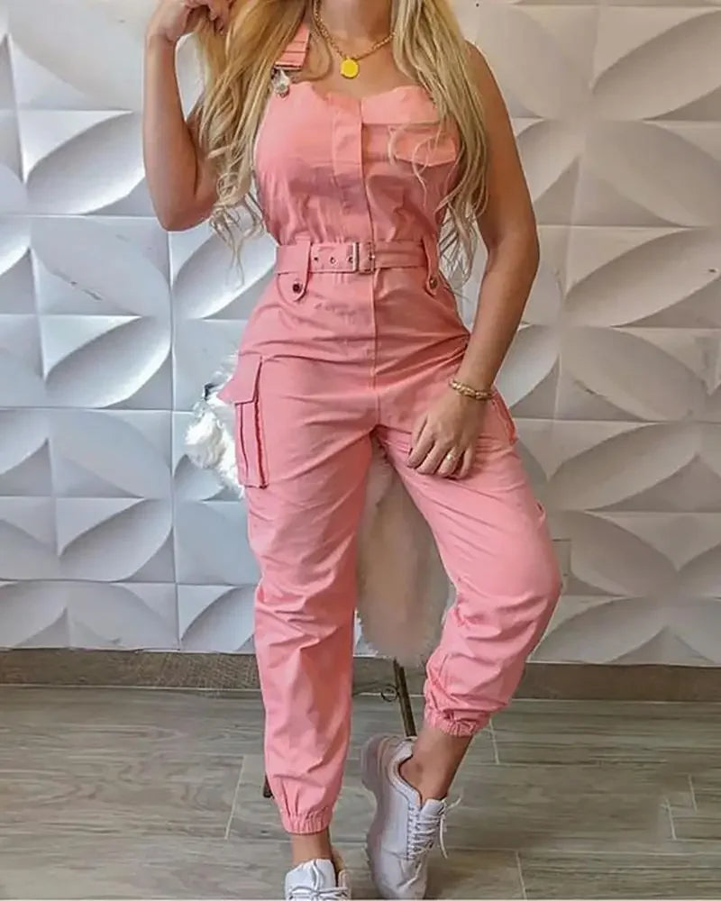 2025 Women S Casual Cargo Jumpsuit Sleeveless O Neck Playsuit With Pocket Belt Loose Pencil Pants