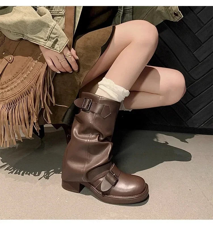 Pleated Buckle Pu Leather Mid Calf Women Boots
