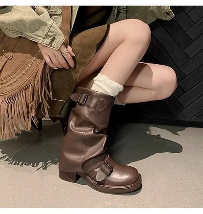 Pleated Buckle Pu Leather Mid Calf Women Boots