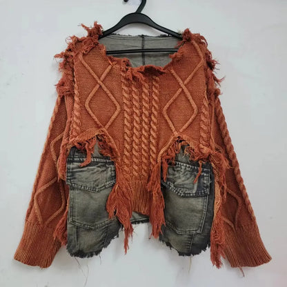 Womens Knitted Denim Patchwork Pullover Loose Casual Heart Sweater Vintage Streetwear Cozy Spring Autumn Fashion