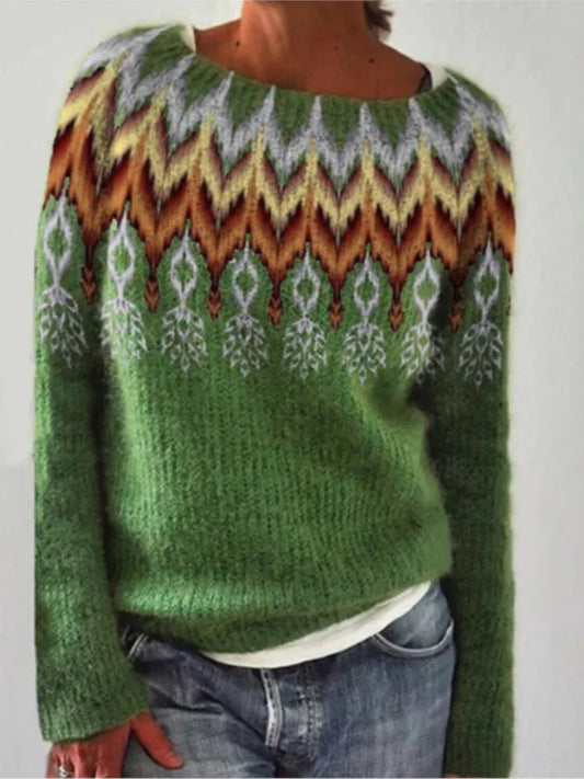 Warm Fashion Women Dark Green Round Neck Sweaters