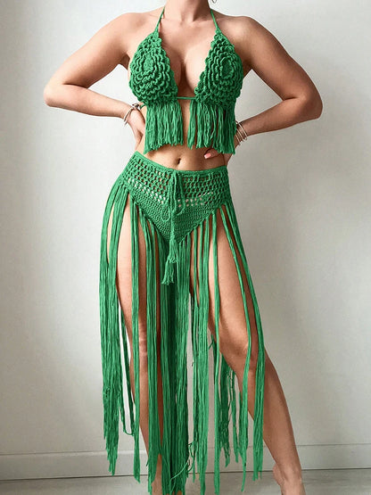 Vintage Traditional Embroidery High Waist Bikini Set And Cover Up