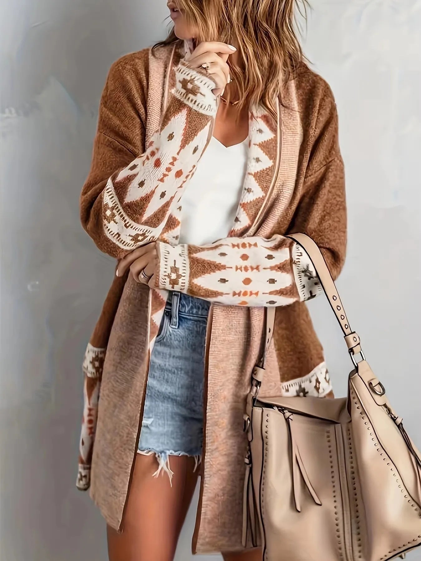 Boho Geometric Knit Cardigan for Women – Mid-Length Casual Sweater