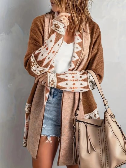 Boho Geometric Knit Cardigan for Women – Mid-Length Casual Sweater