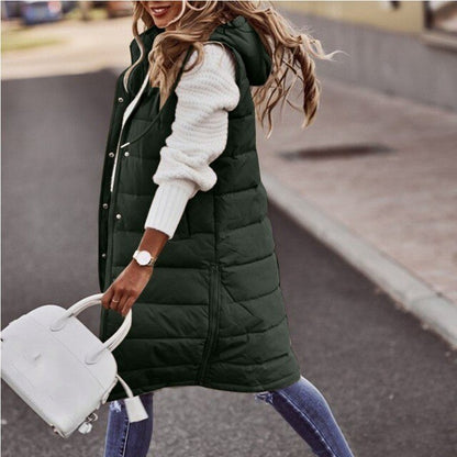 2025 Women's Long Winter Quilted Hooded Vest, Sleeveless Down Cotton Jacket with Pockets, Warm Outdoor Coat S-5XL